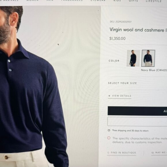 Brunello Cucinelli Mens Virgin Wool/Cashmere Knit Polo Navy Size 48 EU, 1350$RT - Picture 13 of 15